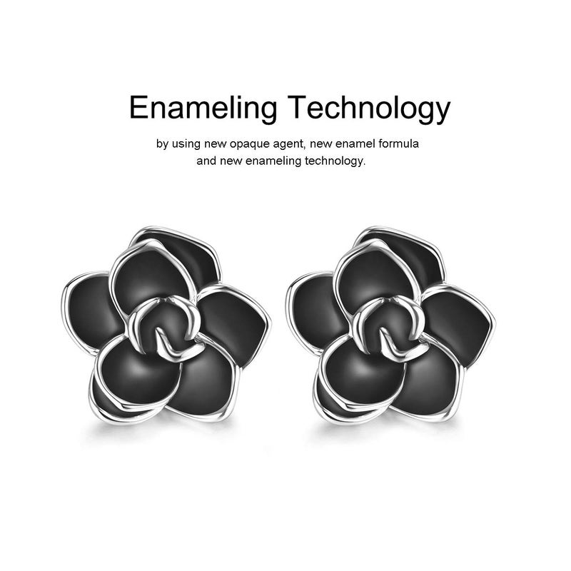 AllenCOCO 18K Gold Plated Black Rose Flower Stud Earrings for Women (W) - Image 3